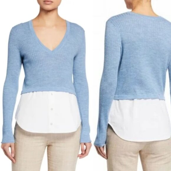 Veronica Beard Lydia Mixed Media V-Neck Pullover XL Blue - Picture 1 of 7